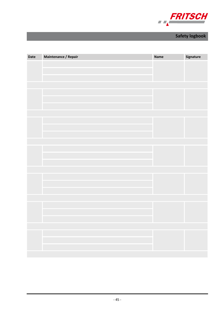 Safety logbook | FRITSCH PULVERISETTE 9 User Manual | Page 45 / 48