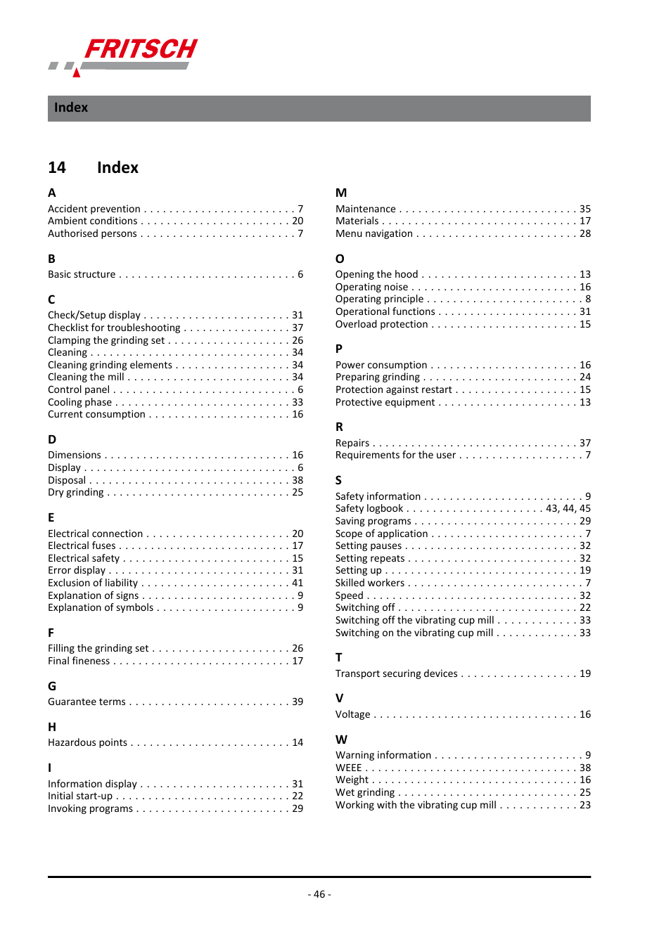 14 index, Index | FRITSCH PULVERISETTE 9 User Manual | Page 46 / 48