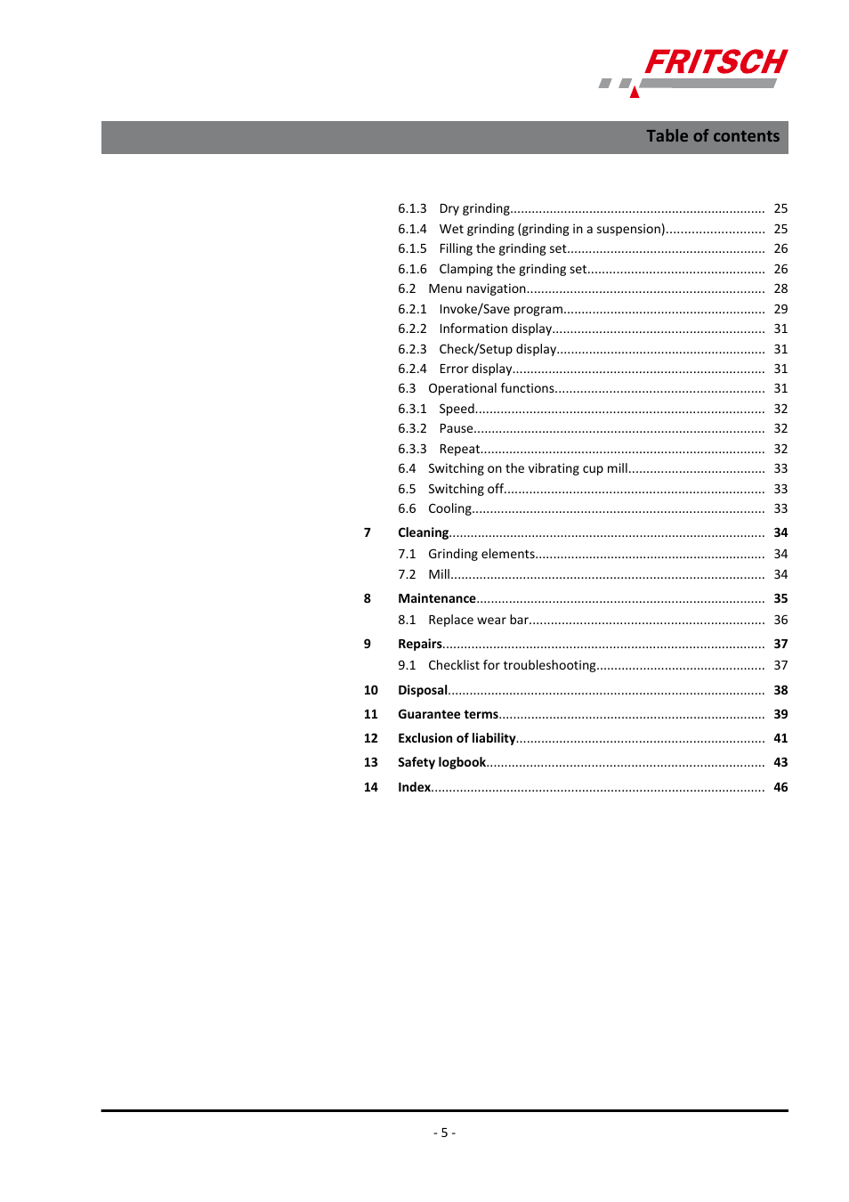 FRITSCH PULVERISETTE 9 User Manual | Page 5 / 48