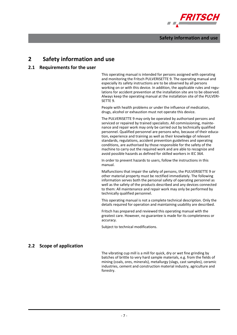2 safety information and use, 1 requirements for the user, 2 scope of application | 2safety information and use | FRITSCH PULVERISETTE 9 User Manual | Page 7 / 48