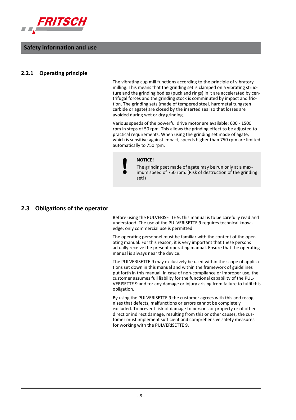 1 operating principle, 3 obligations of the operator, Safety information and use | FRITSCH PULVERISETTE 9 User Manual | Page 8 / 48