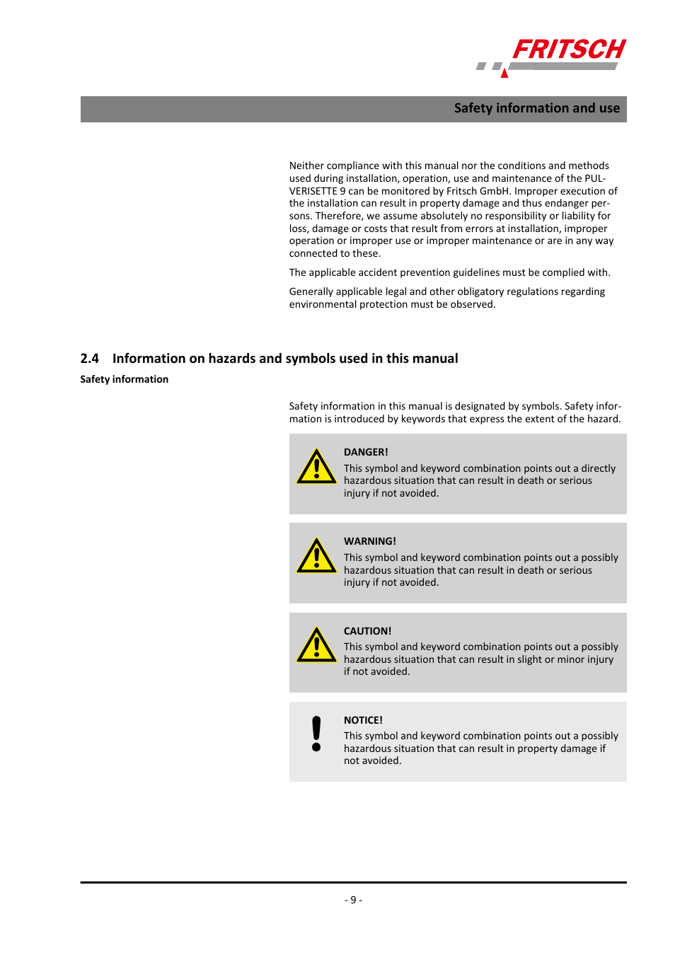 Safety information and use | FRITSCH PULVERISETTE 9 User Manual | Page 9 / 48