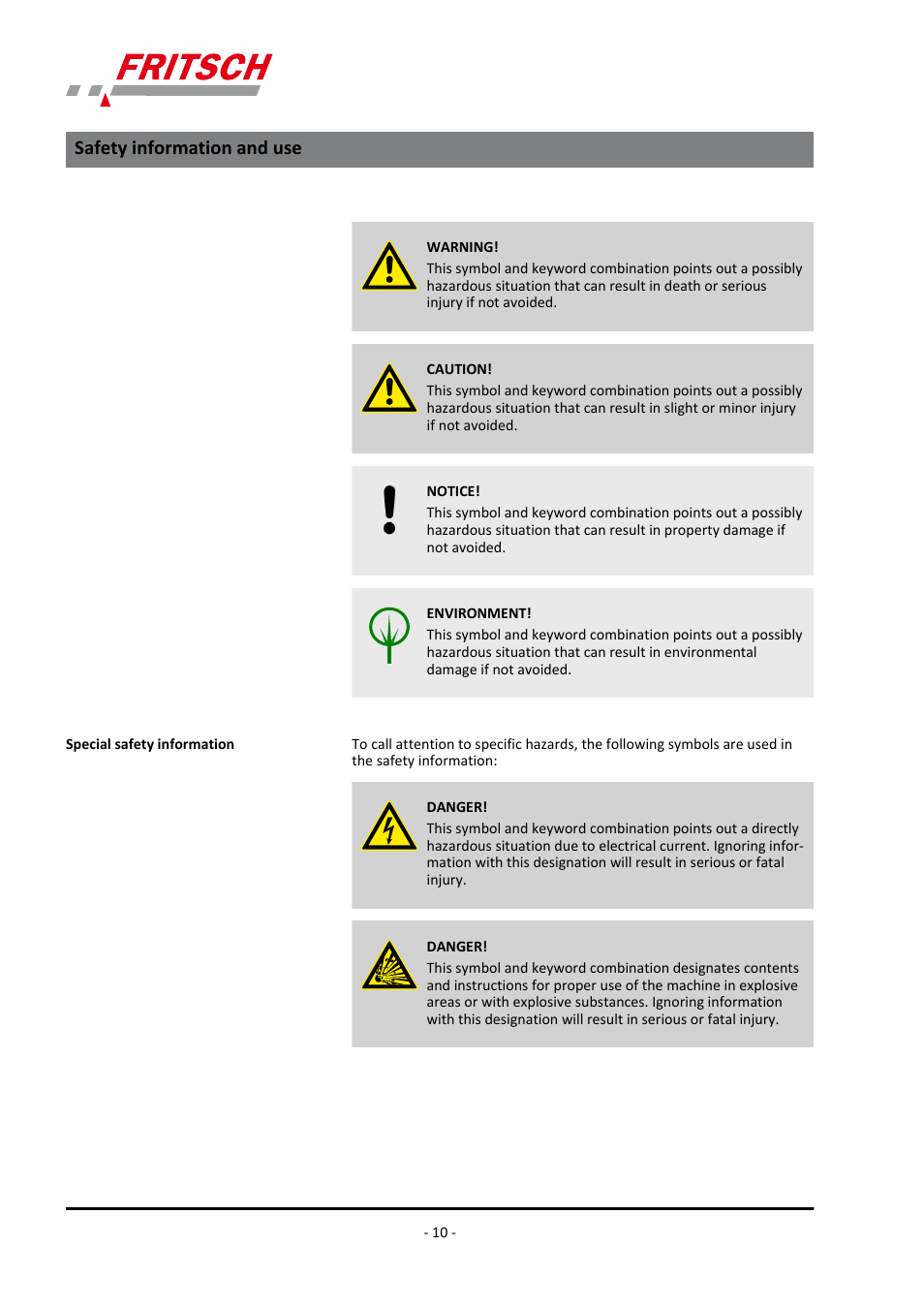 Safety information and use | FRITSCH PULVERISETTE 2 User Manual | Page 10 / 48