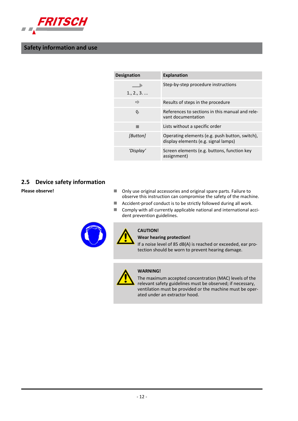 5 device safety information, Safety information and use | FRITSCH PULVERISETTE 2 User Manual | Page 12 / 48