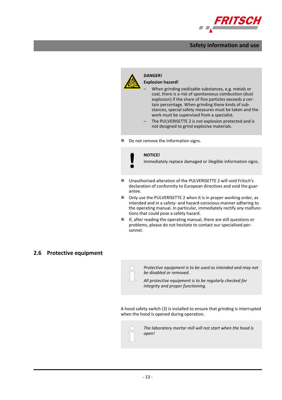 6 protective equipment, Safety information and use | FRITSCH PULVERISETTE 2 User Manual | Page 13 / 48