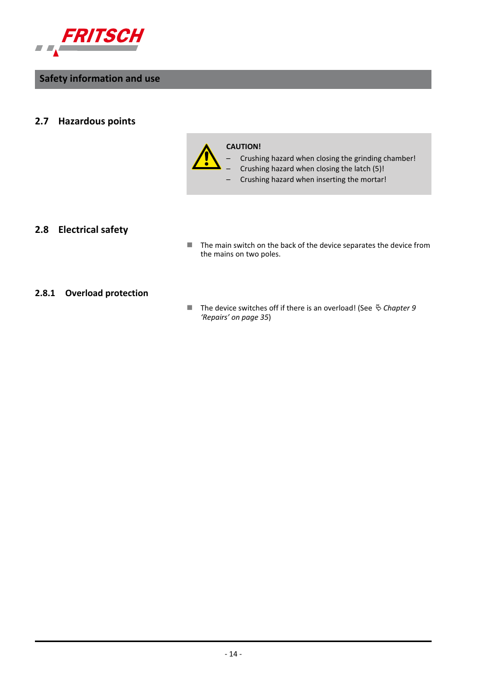 7 hazardous points, 8 electrical safety, 1 overload protection | FRITSCH PULVERISETTE 2 User Manual | Page 14 / 48