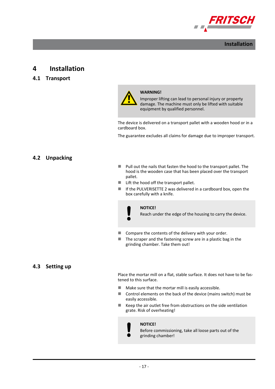 4 installation, 1 transport, 2 unpacking | 3 setting up, 4installation | FRITSCH PULVERISETTE 2 User Manual | Page 17 / 48