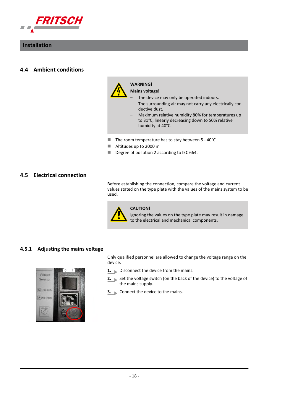 4 ambient conditions, 5 electrical connection, 1 adjusting the mains voltage | Installation | FRITSCH PULVERISETTE 2 User Manual | Page 18 / 48