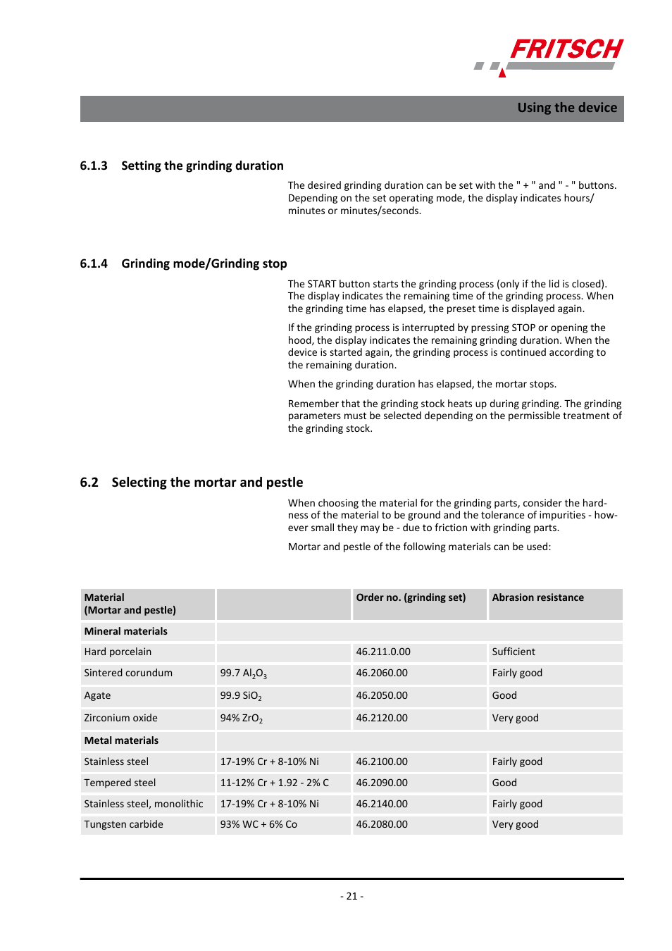 3 setting the grinding duration, 4 grinding mode/grinding stop, 2 selecting the mortar and pestle | Using the device | FRITSCH PULVERISETTE 2 User Manual | Page 21 / 48