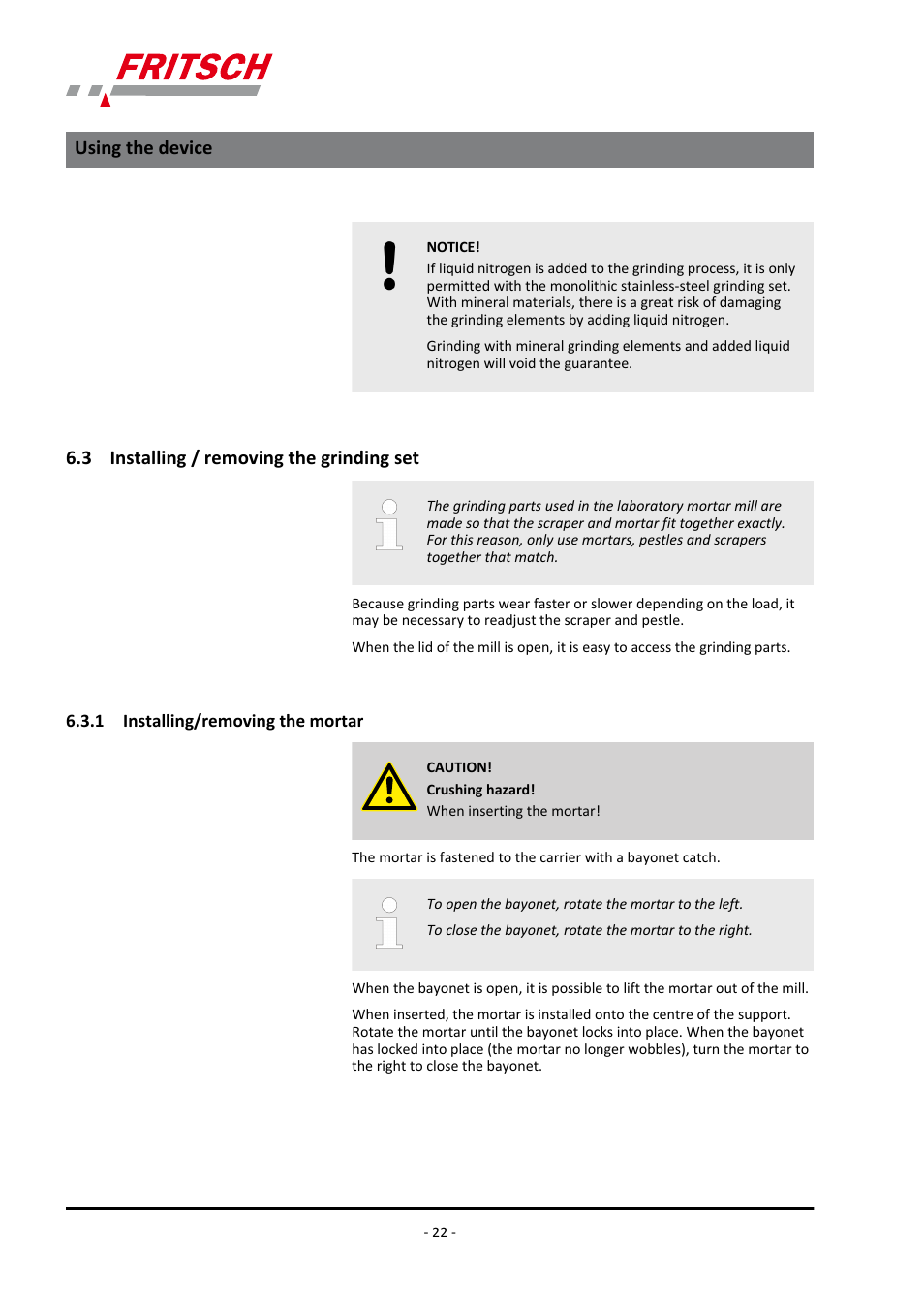 3 installing / removing the grinding set, 1 installing/removing the mortar, Using the device | FRITSCH PULVERISETTE 2 User Manual | Page 22 / 48