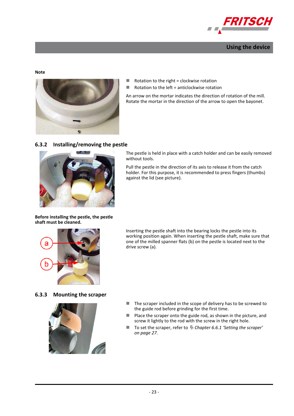 2 installing/removing the pestle, 3 mounting the scraper, Using the device | FRITSCH PULVERISETTE 2 User Manual | Page 23 / 48