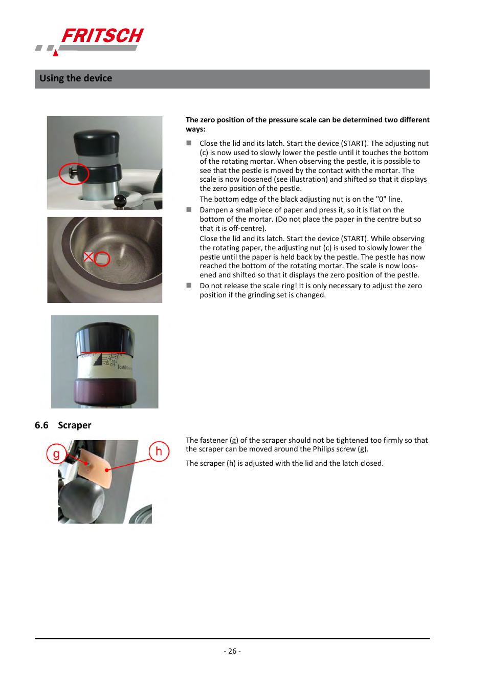 6 scraper, Using the device | FRITSCH PULVERISETTE 2 User Manual | Page 26 / 48