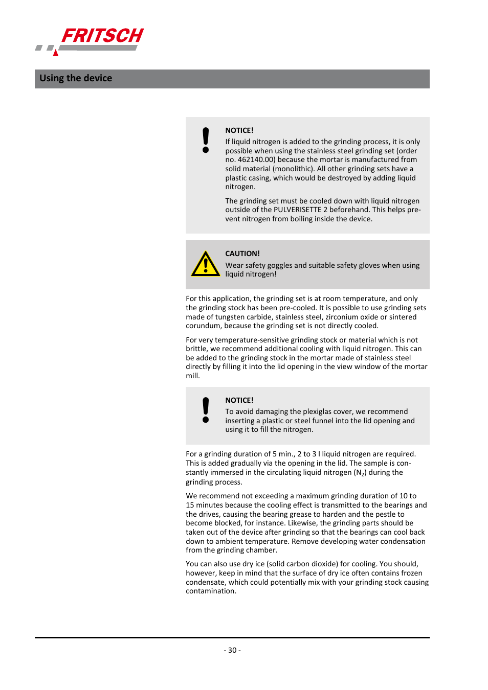 Using the device | FRITSCH PULVERISETTE 2 User Manual | Page 30 / 48