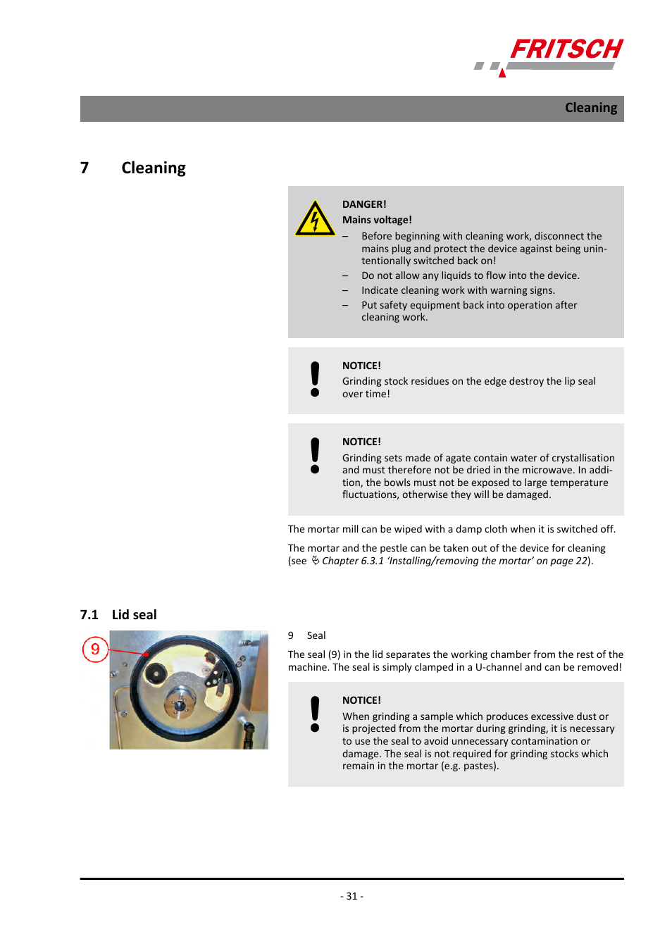 7 cleaning, 1 lid seal, Cleaning 7.1 lid seal | 7cleaning | FRITSCH PULVERISETTE 2 User Manual | Page 31 / 48