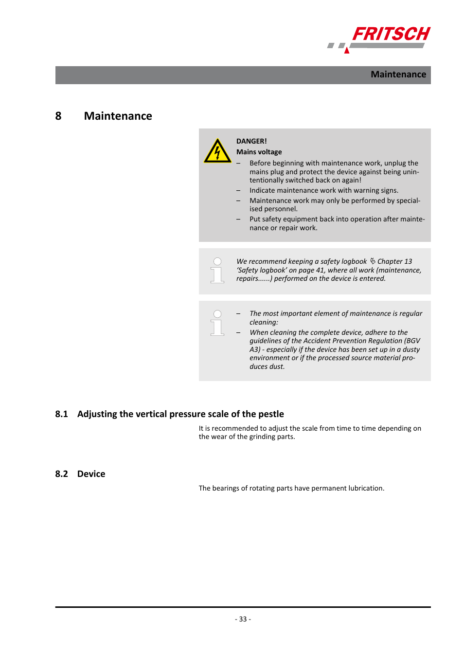 8 maintenance, 2 device, 8maintenance | FRITSCH PULVERISETTE 2 User Manual | Page 33 / 48