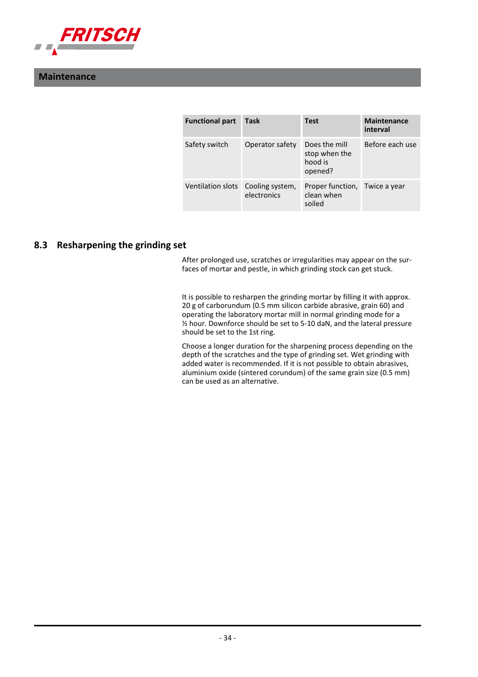 3 resharpening the grinding set, Maintenance | FRITSCH PULVERISETTE 2 User Manual | Page 34 / 48