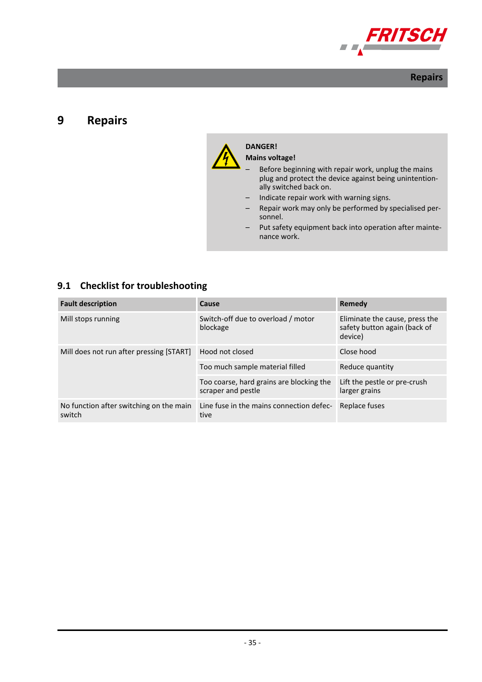 9 repairs, 1 checklist for troubleshooting, Repairs 9.1 checklist for troubleshooting | 9repairs | FRITSCH PULVERISETTE 2 User Manual | Page 35 / 48