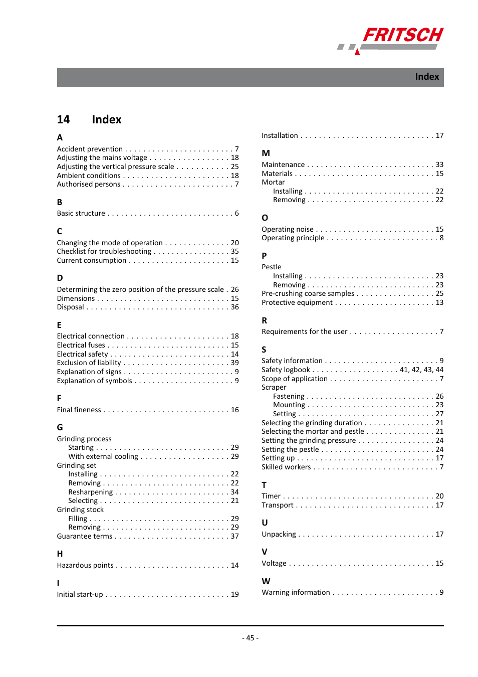 14 index, Index | FRITSCH PULVERISETTE 2 User Manual | Page 45 / 48