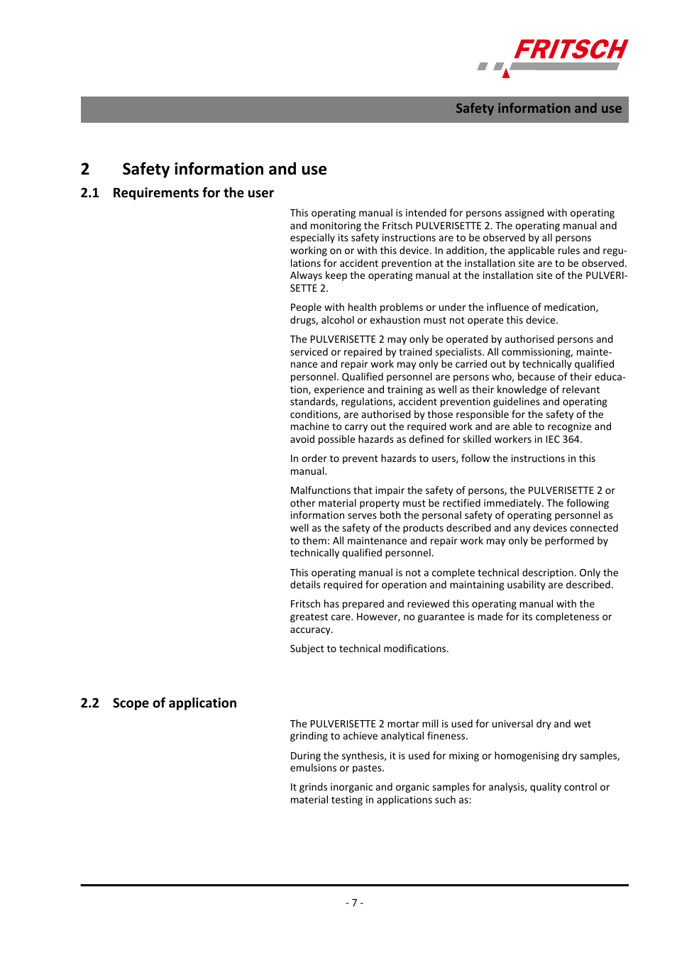 2 safety information and use, 1 requirements for the user, 2 scope of application | 2safety information and use | FRITSCH PULVERISETTE 2 User Manual | Page 7 / 48