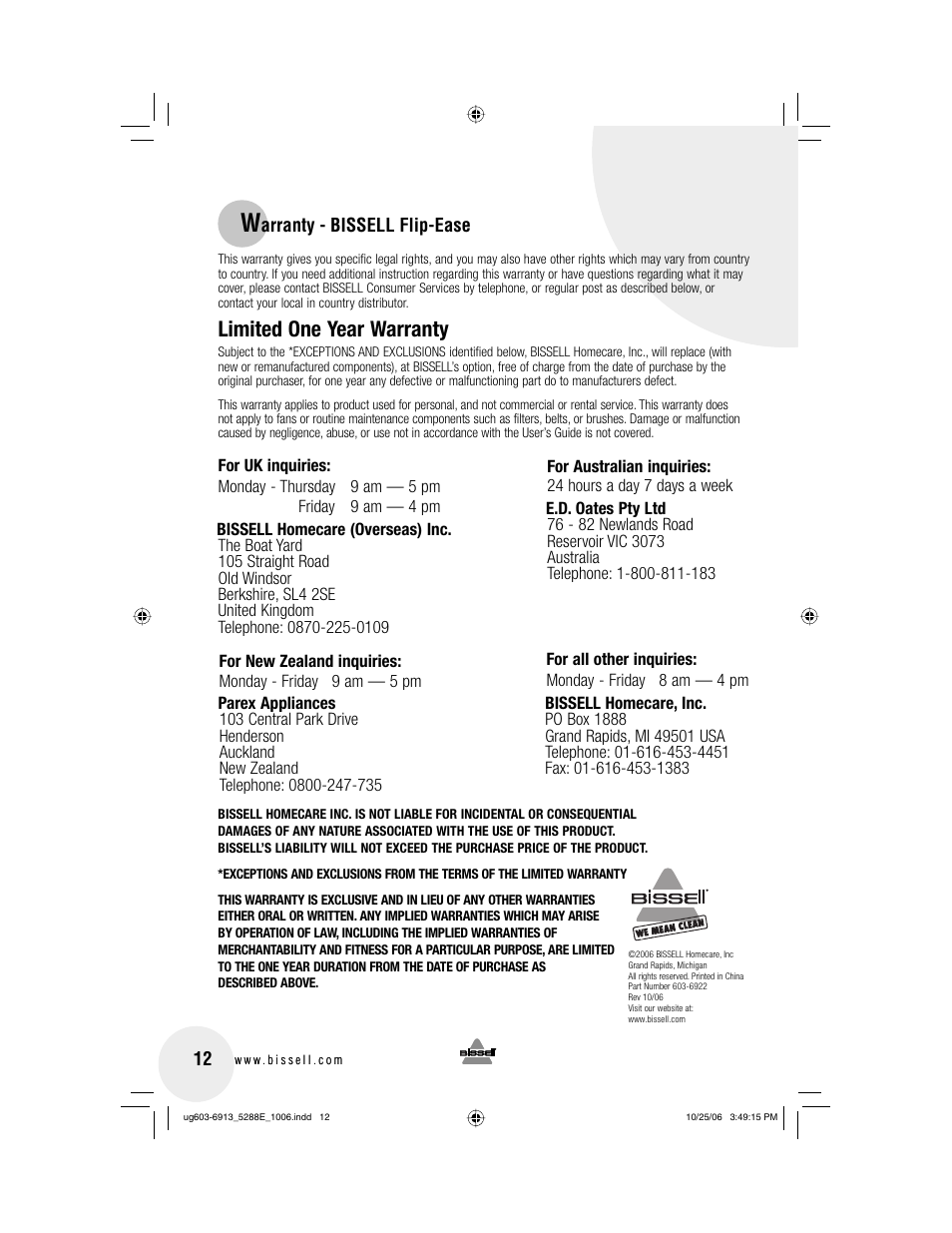 Limited one year warranty | Bissell 5288 User Manual | Page 12 / 12