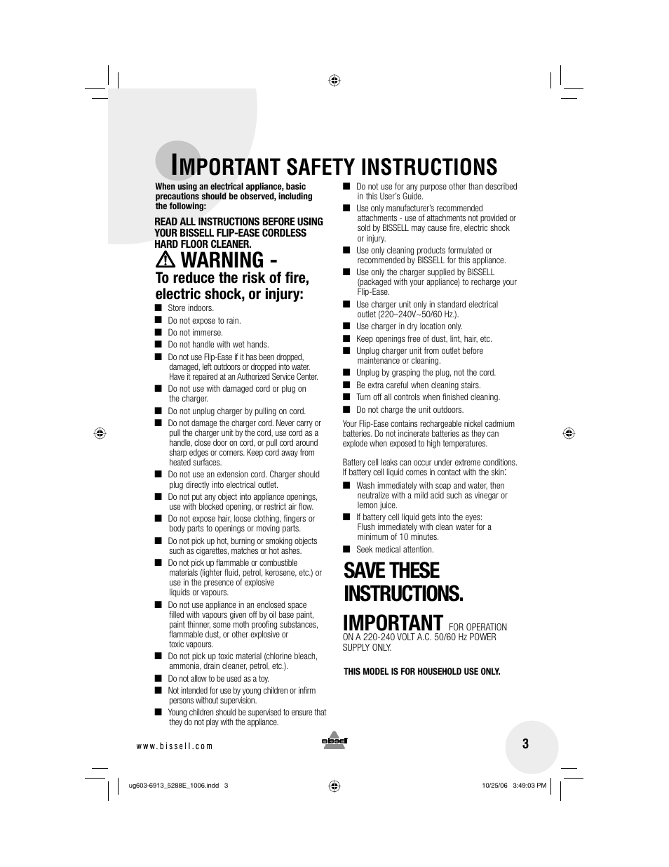 Mportant safety instructions, Warning, Save these instructions. important | Bissell 5288 User Manual | Page 3 / 12