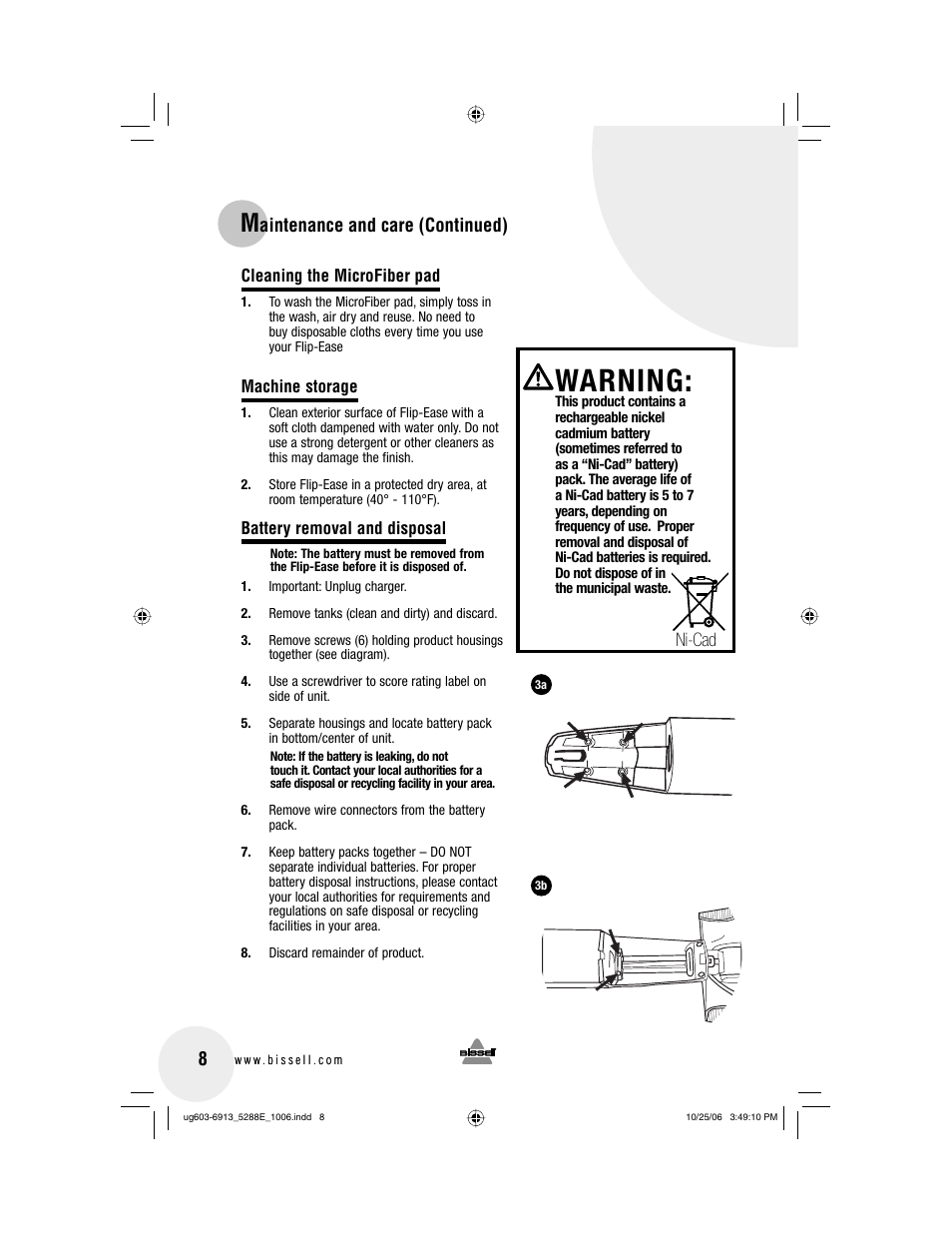 Warning, Aintenance and care (continued), Ni-cad | Bissell 5288 User Manual | Page 8 / 12