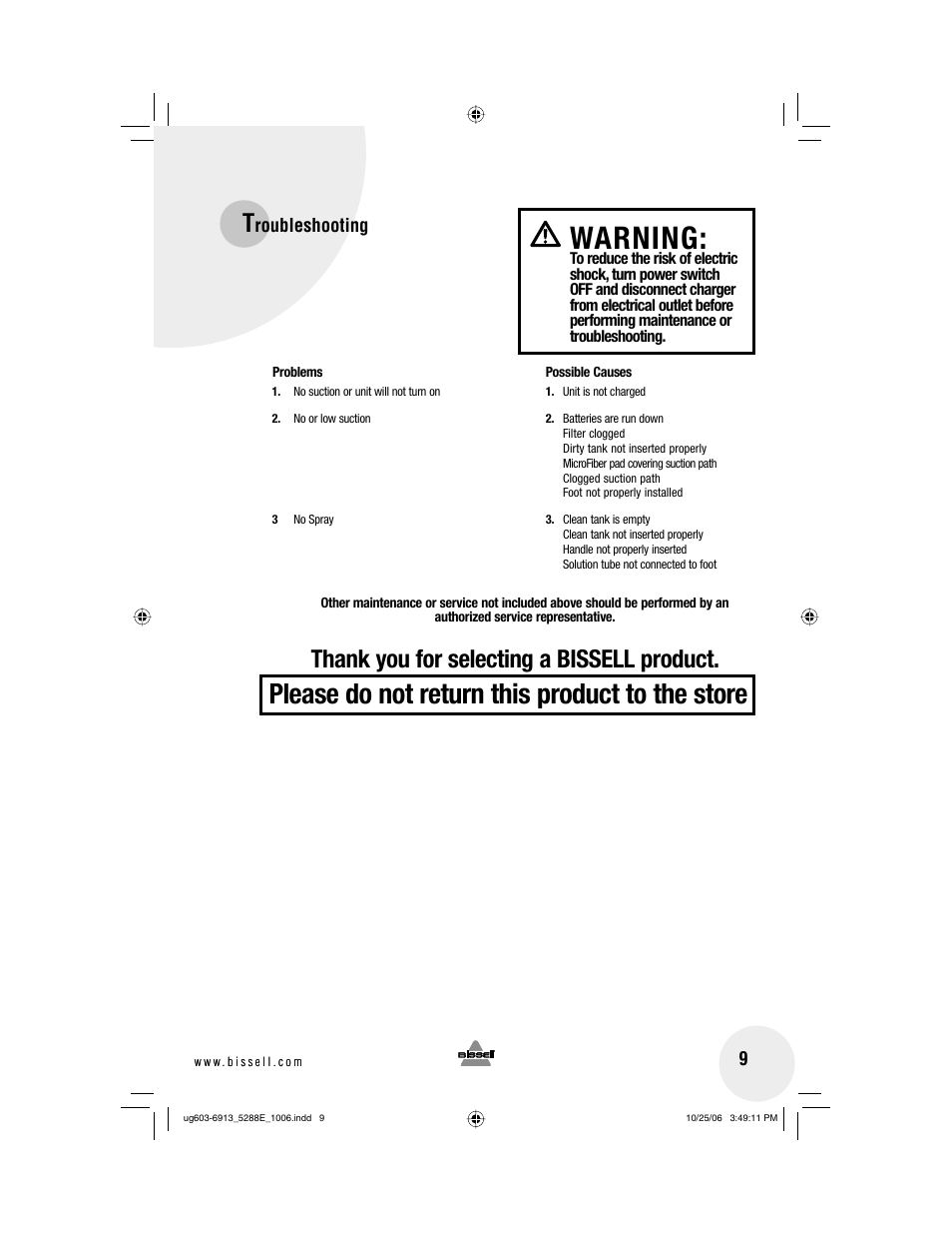 Warning, Please do not return this product to the store, Roubleshooting | Bissell 5288 User Manual | Page 9 / 12