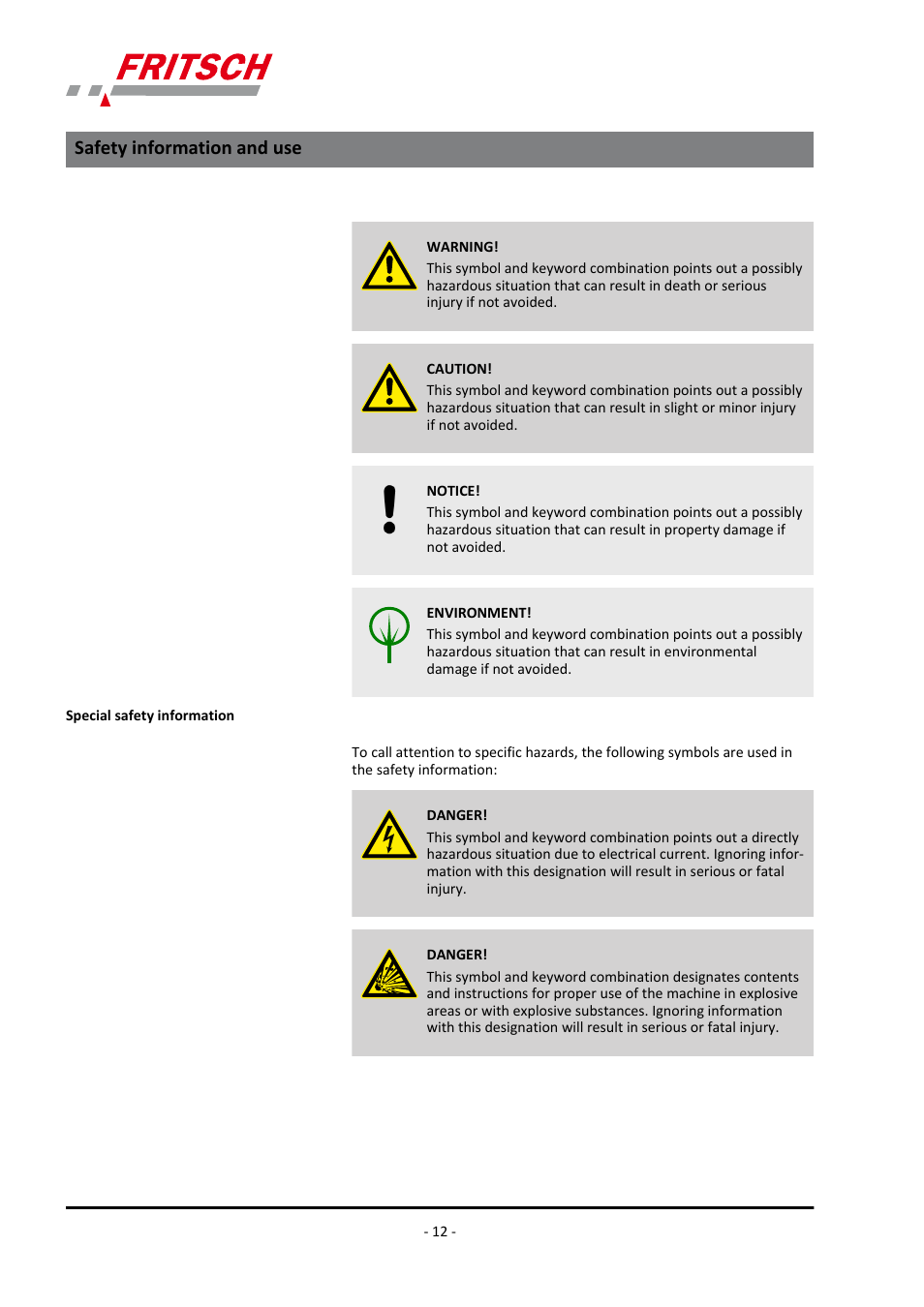 Safety information and use | FRITSCH ANALYSETTE 3 PRO User Manual | Page 12 / 56