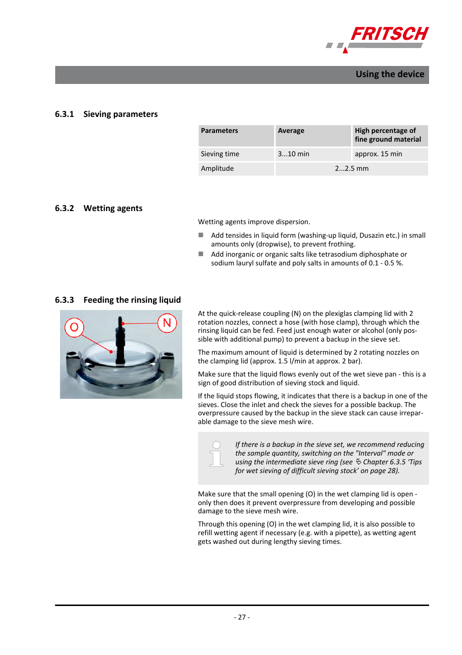 1 sieving parameters, 2 wetting agents, 3 feeding the rinsing liquid | Using the device | FRITSCH ANALYSETTE 3 PRO User Manual | Page 27 / 56