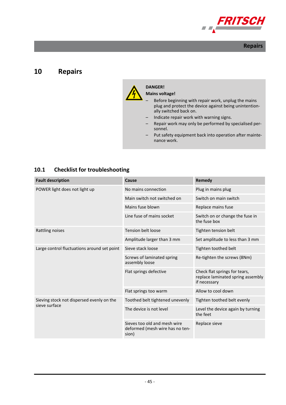 10 repairs, 1 checklist for troubleshooting, Repairs 10.1 checklist for troubleshooting | Repairs | FRITSCH ANALYSETTE 3 PRO User Manual | Page 45 / 56