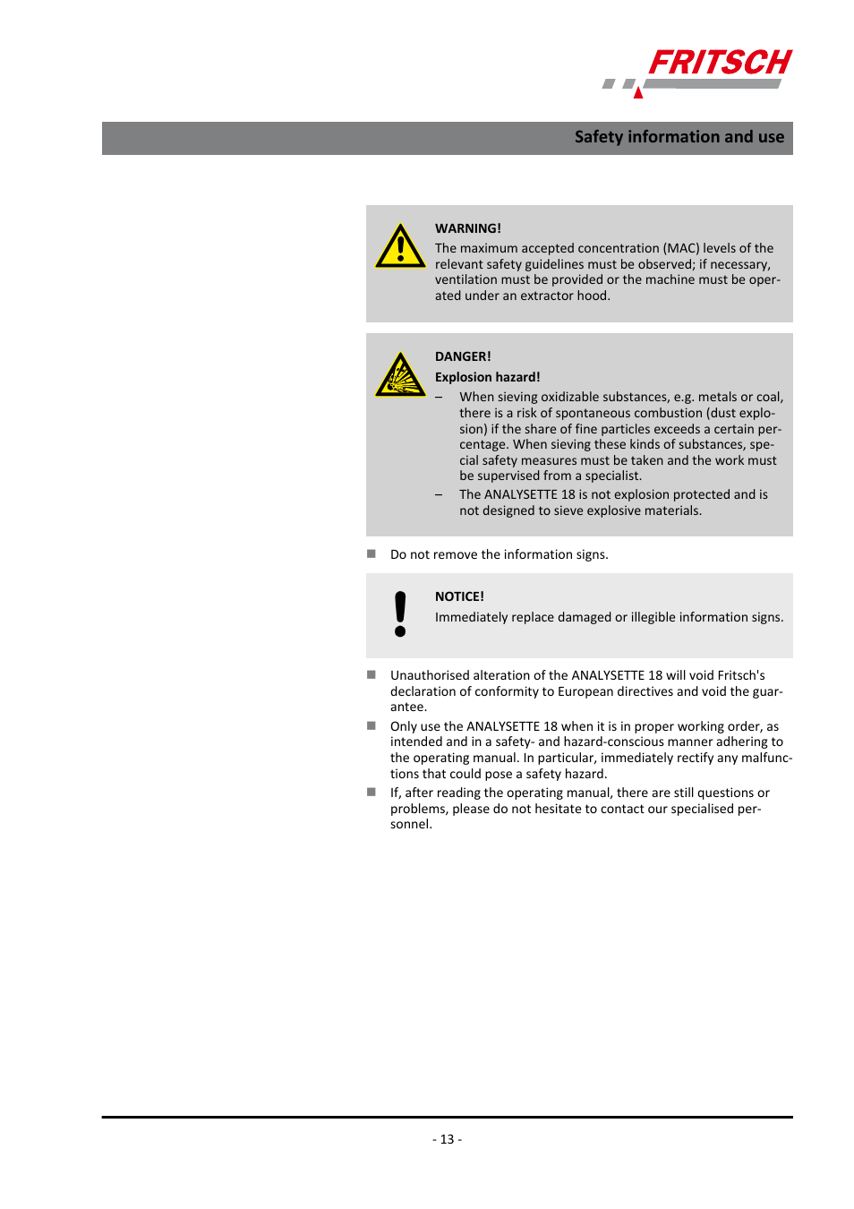Safety information and use | FRITSCH ANALYSETTE 18 User Manual | Page 13 / 40