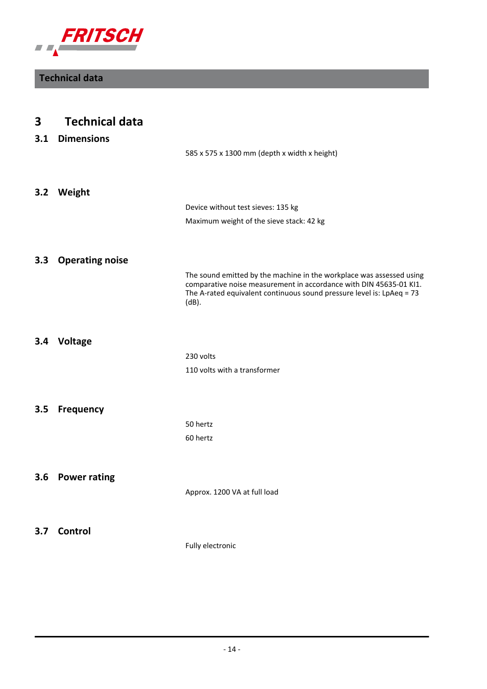 3 technical data, 1 dimensions, 2 weight | 3 operating noise, 4 voltage, 5 frequency, 6 power rating, 7 control, 3technical data | FRITSCH ANALYSETTE 18 User Manual | Page 14 / 40