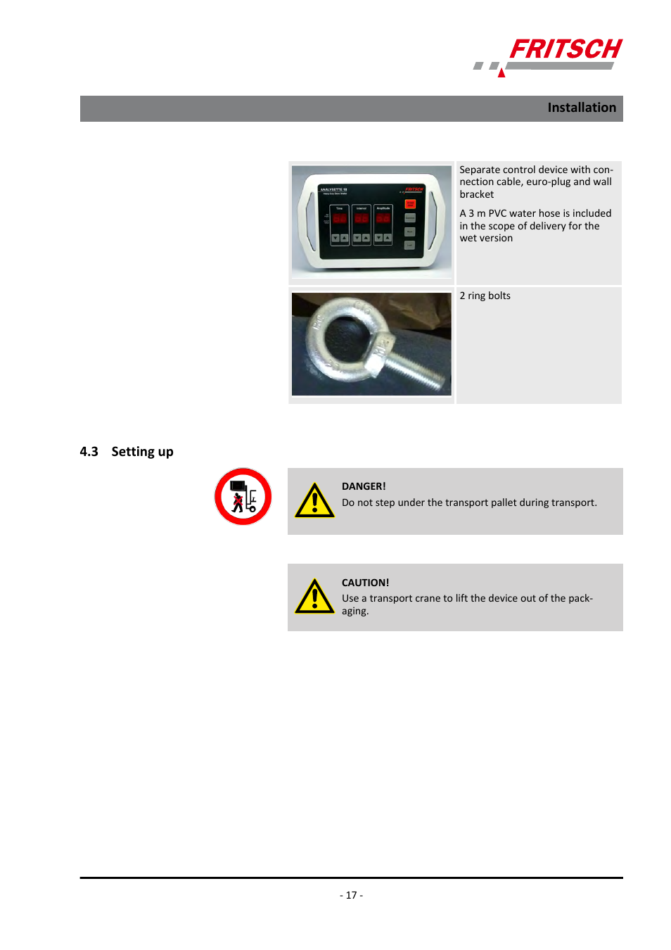 3 setting up, Installation | FRITSCH ANALYSETTE 18 User Manual | Page 17 / 40