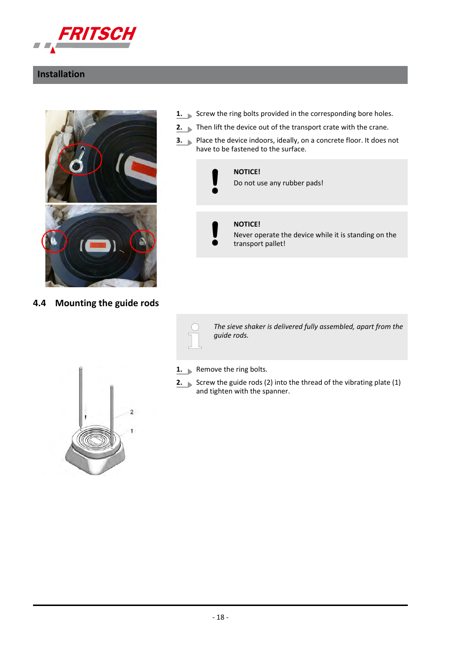 4 mounting the guide rods, Installation | FRITSCH ANALYSETTE 18 User Manual | Page 18 / 40