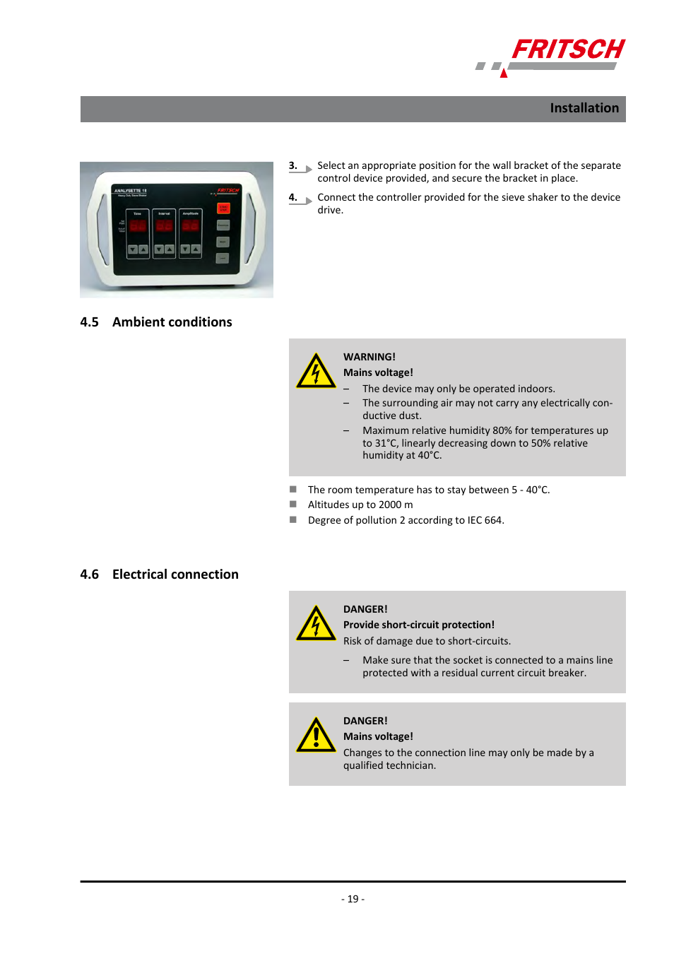 5 ambient conditions, 6 electrical connection, 5 ambient conditions 4.6 electrical connection | Installation | FRITSCH ANALYSETTE 18 User Manual | Page 19 / 40