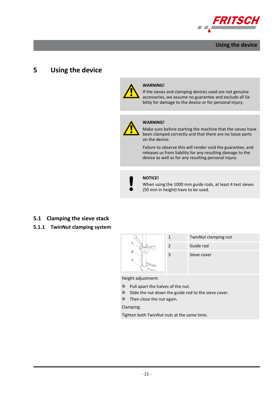 5 using the device, 1 clamping the sieve stack, 1 twinnut clamping system | 5using the device | FRITSCH ANALYSETTE 18 User Manual | Page 21 / 40