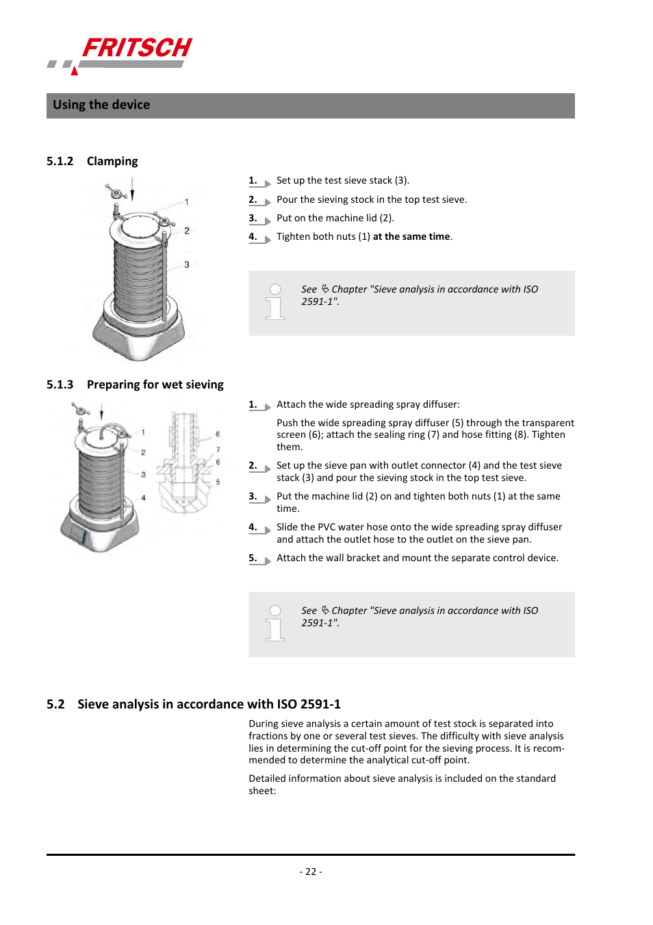 2 clamping, 3 preparing for wet sieving, 2 sieve analysis in accordance with iso 2591-1 | Using the device | FRITSCH ANALYSETTE 18 User Manual | Page 22 / 40