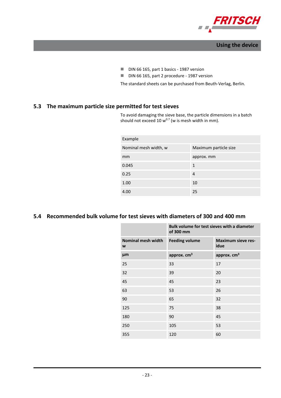 Of 300 and 400 mm, Using the device | FRITSCH ANALYSETTE 18 User Manual | Page 23 / 40