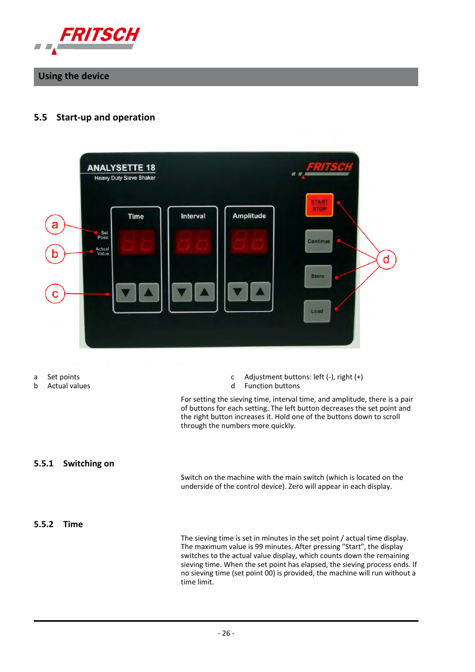 5 start-up and operation, 1 switching on, 2 time | Using the device | FRITSCH ANALYSETTE 18 User Manual | Page 26 / 40