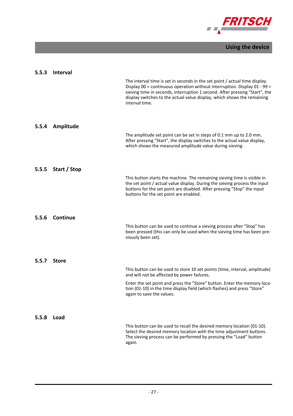 3 interval, 4 amplitude, 5 start / stop | 6 continue, 7 store, 8 load, Using the device | FRITSCH ANALYSETTE 18 User Manual | Page 27 / 40