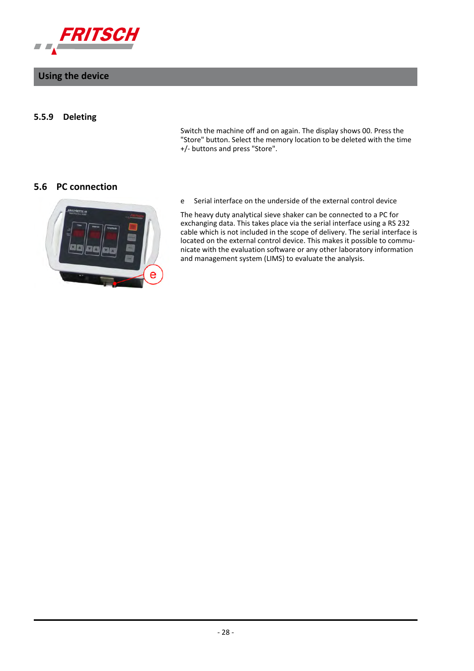 9 deleting, 6 pc connection, 9 deleting 5.6 pc connection | Using the device | FRITSCH ANALYSETTE 18 User Manual | Page 28 / 40