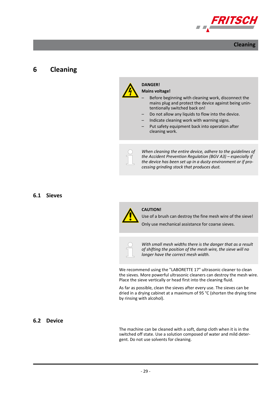 6 cleaning, 1 sieves, 2 device | Cleaning 6.1 sieves 6.2 device, 6cleaning | FRITSCH ANALYSETTE 18 User Manual | Page 29 / 40