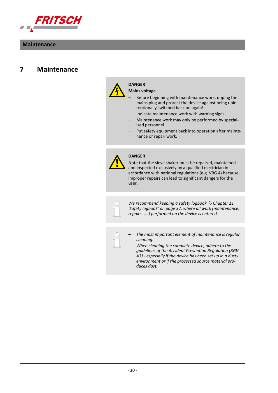 7 maintenance, Maintenance, 7maintenance | FRITSCH ANALYSETTE 18 User Manual | Page 30 / 40