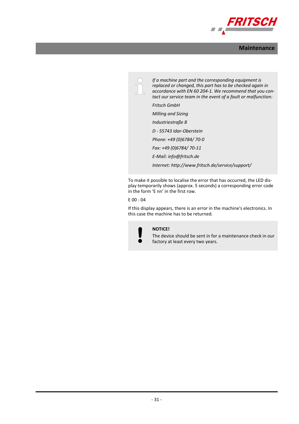 Maintenance | FRITSCH ANALYSETTE 18 User Manual | Page 31 / 40