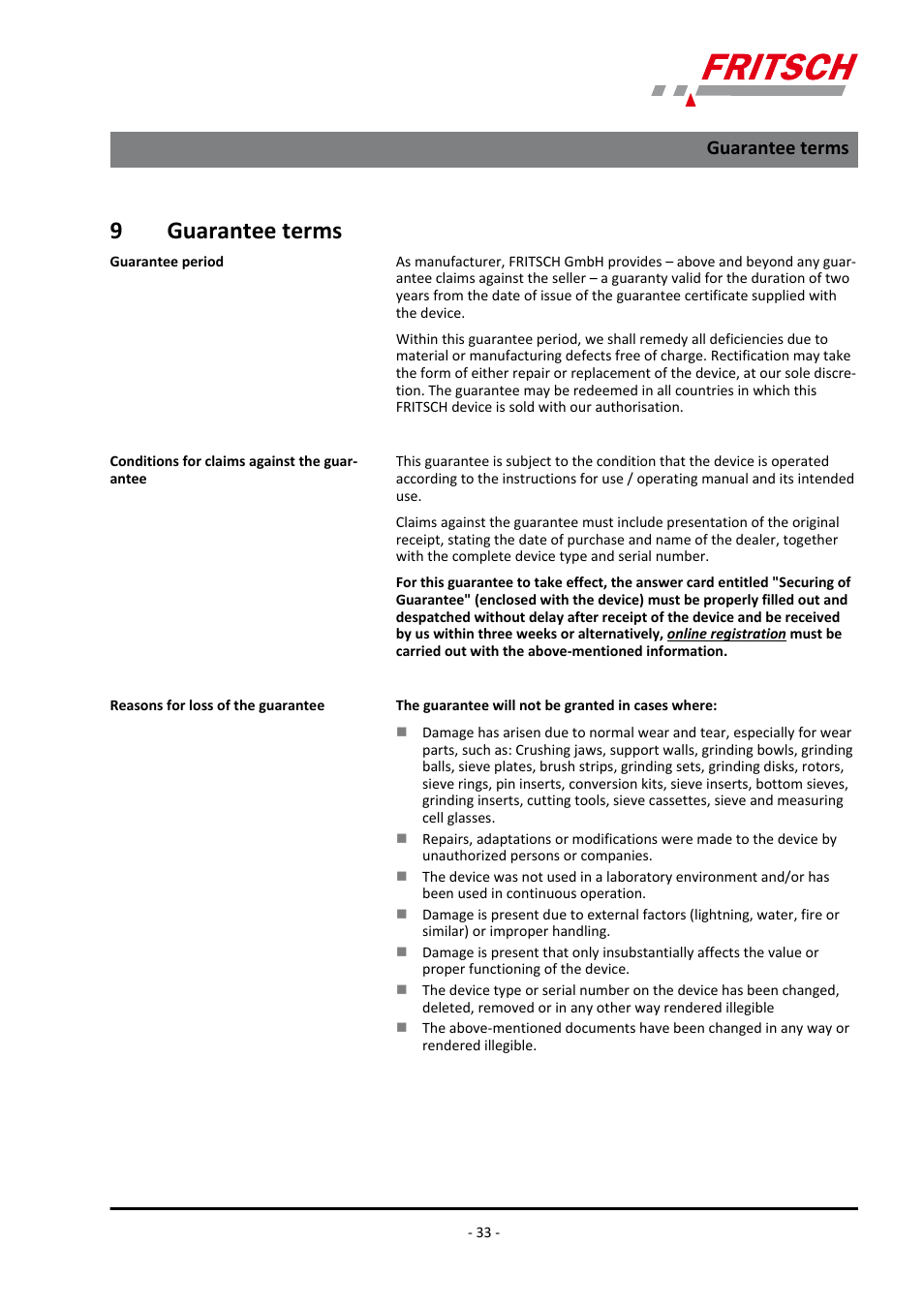 9 guarantee terms, Guarantee terms, 9guarantee terms | FRITSCH ANALYSETTE 18 User Manual | Page 33 / 40