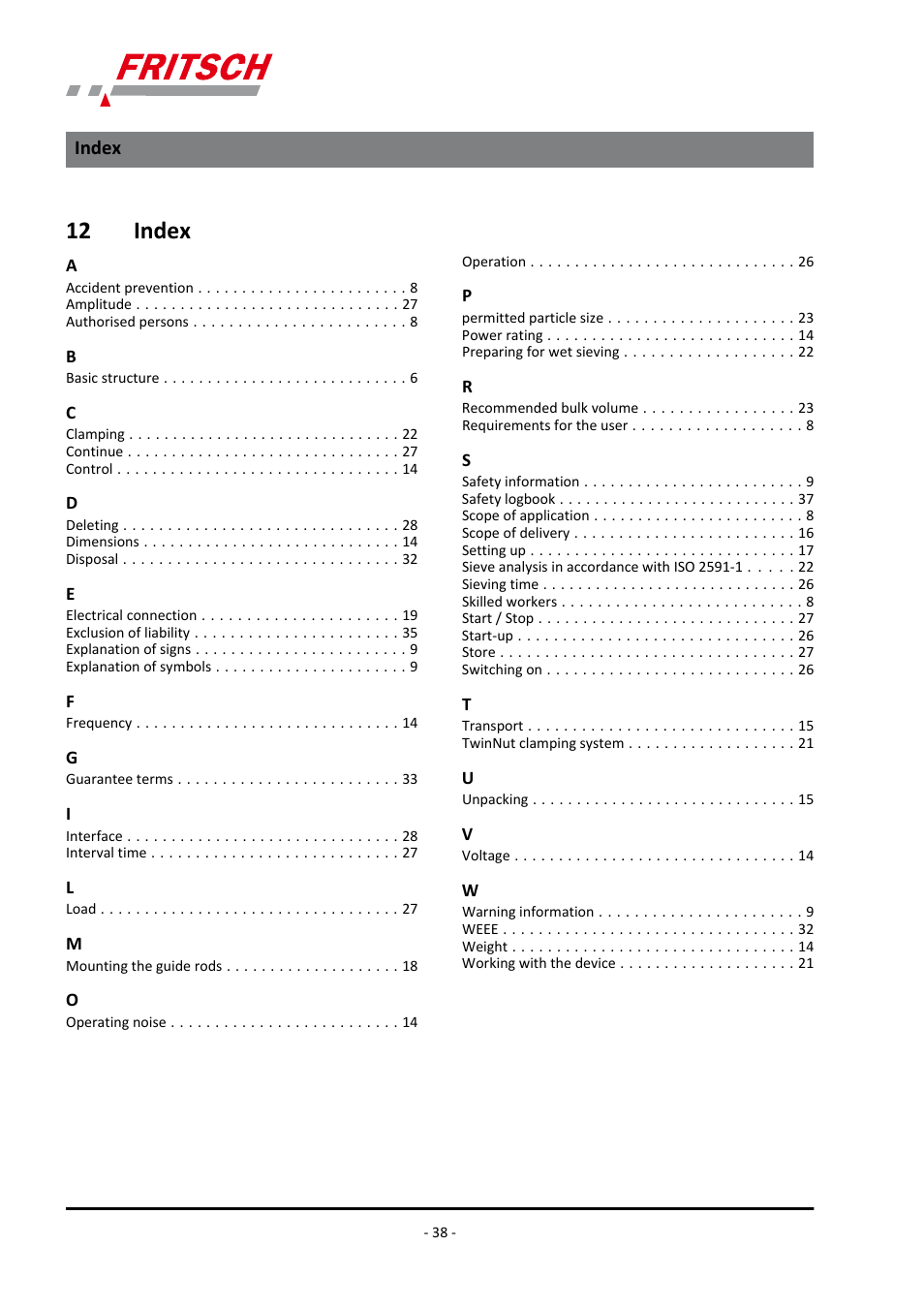 12 index, Index | FRITSCH ANALYSETTE 18 User Manual | Page 38 / 40