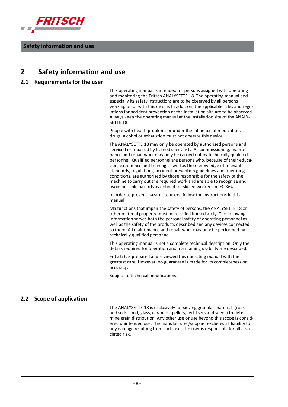 2 safety information and use, 1 requirements for the user, 2 scope of application | 2safety information and use | FRITSCH ANALYSETTE 18 User Manual | Page 8 / 40