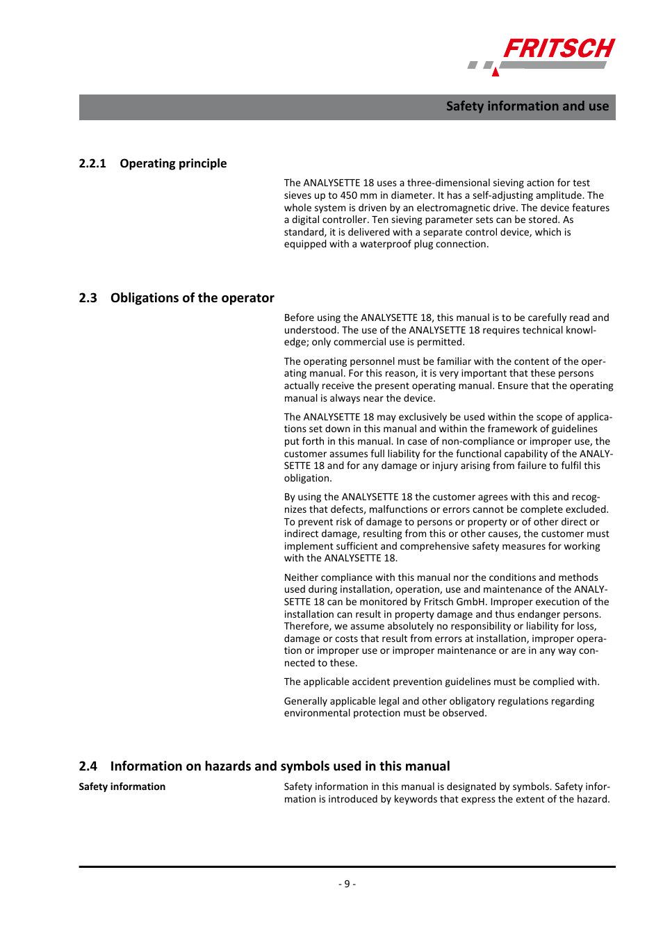 1 operating principle, 3 obligations of the operator, Safety information and use | FRITSCH ANALYSETTE 18 User Manual | Page 9 / 40