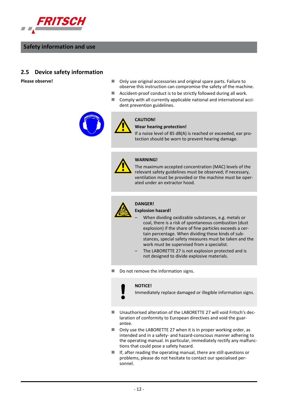 5 device safety information, Safety information and use | FRITSCH LABORETTE 27 User Manual | Page 12 / 36