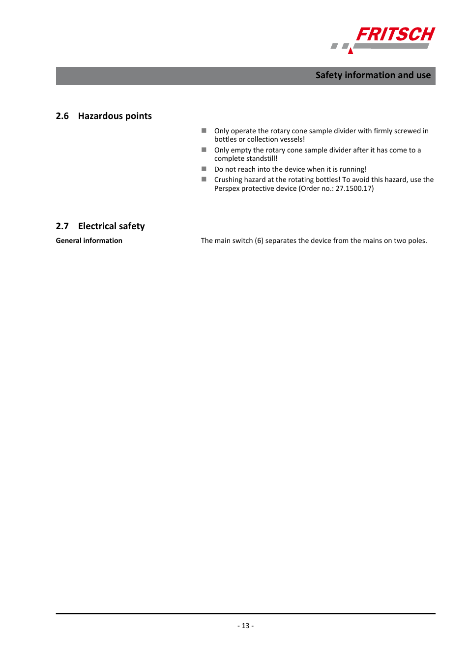 6 hazardous points, 7 electrical safety, 6 hazardous points 2.7 electrical safety | Safety information and use | FRITSCH LABORETTE 27 User Manual | Page 13 / 36